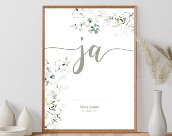 Wandbild "JA" Hochzeitsgeschenk, Kunstdruck zur Heirat Verlobung, personalisiert mit Namen & Wunschdatum, Aquarell Blumen Poster in Mint