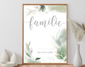 Familienposter Aquarell Eukalyptus mit Namen der Familie personalisierbar, Familienbild Poster Geschenk zur Geburt, Hochzeit, Einweihung