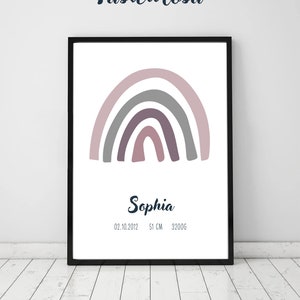 Geburtsposter Boho Regenbogen, Poster personalisiert mit Namen und Daten, Kinderzimmer Bilder für Jungen, Mädchen & Baby Geschenk zur Geburt