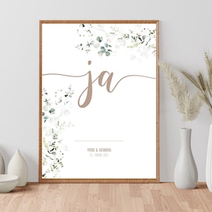 Poster, Print, Kunstdruck: "ja" personalisiert - Hochzeitsgeschenk, Hochzeit, Verlobung, Brautpaar Namen, Aquarell Blumen Poster in Beige