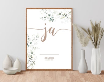 Poster, Print, Kunstdruck: "ja" personalisiert - Hochzeitsgeschenk, Hochzeit, Verlobung, Brautpaar Namen, Aquarell Blumen Poster in Beige