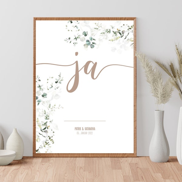 Poster, Print, Kunstdruck: "ja" personalisiert - Hochzeitsgeschenk, Hochzeit, Verlobung, Brautpaar Namen, Aquarell Blumen Poster in Beige