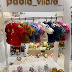 May include: A display of miniature knit sweaters in various colors, including red, yellow, blue, and purple, adorned with floral details. Below, several pairs of small boots in pink, red, white, and yellow are arranged on a shelf. The display is labeled with the text "paola_vilora_".