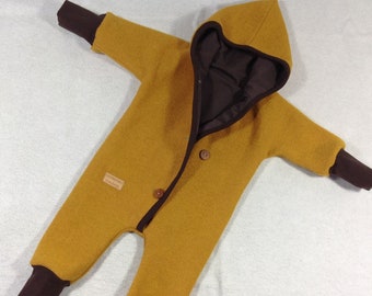 Walk-overalls in mustard yellow completely lined / zip hood handmade wooden buttons