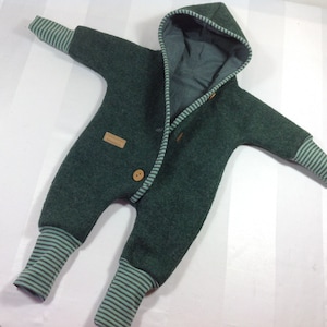Walk overall in moss green melange fully lined / pointed hood with handmade wooden buttons