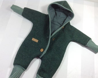 IMMEDIATELY AVAILABLE Size 86 Walk overall in moss green melange fully lined / pointed hood handmade wooden buttons