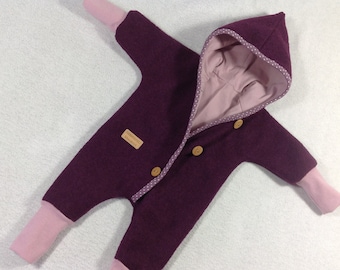 Walked jumpsuit in purple fully lined / pointed hood handmade wooden buttons