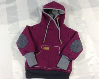 Slip-on jacket / wool throw in berry / fanny pack with lamb fleece / elbow patches drawstring hood