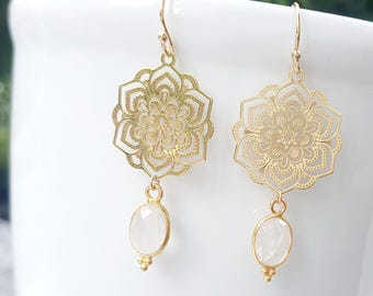 FIORE MOONSTONE GOLD | 14k gold filled earrings with 925 silver 24k gold-plated moonflower | Laser cut | Fleur | Mandala | Moonstone | Boho