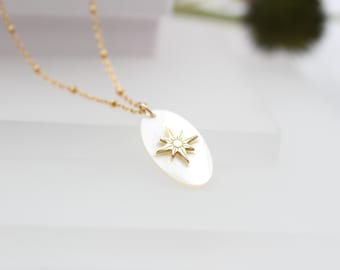 PLAQUE DE NAGRE | 14k gold filled chain | mother of pearl | polar star | customizable | initial | star | polar star | white | amulet | oval