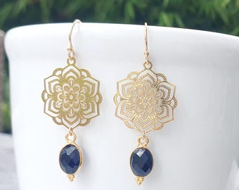 FIORE ONYX GOLD | 14k gold filled earrings with 925 sterling silver, 24k gold-plated moonflower | Laser cut | Fleur | Mandala | Onyx | Boho | Black