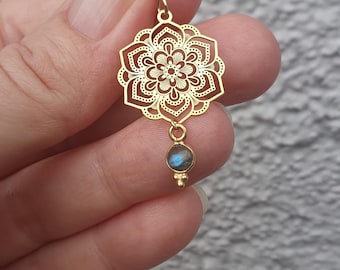FIORE DELLA NOTTE | 14k gold-filled earrings with 925 sterling silver, 24k gold-plated moonflower | Laser-cut | Fleur | Mandala | Labradorite | Boho