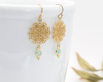 FIORE DI MARE | 14k gold-filled earrings with 925 sterling silver, 24k gold-plated moonflower | Laser-cut | Fleur | Mandala | Amazonite | Boho | Fleur