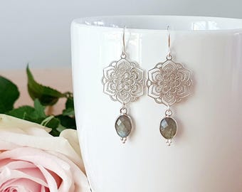FIORE SOLID LABRADORIT | 925 Sterling Silver Earrings with Floral Ornament and Labradorite | Laser Cut | Fleur | Mandala | Karma | Boho