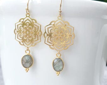 FIORE LABRADORIT GOLD | 14k gold filled earrings with 925 silver 24k gold-plated moonflower | Laser cut | Fleur | Mandala | Labradorite | Boho