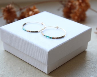 SORANO | Hoop earrings made of 14K gold filled with Miyuki Delica beads | 30mm | blue | brown | gold | BOHO | Karma beads