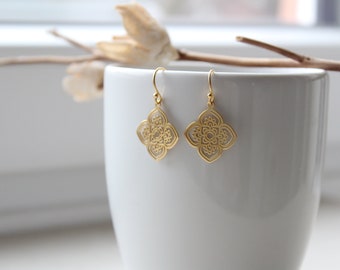 BOHEMIAN BOHO | 14k gold filled earrings with 925 silver 24K gold plated flower | Lasercut | Fleur | Mandala | Karma | Boho