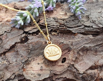 LOTUS RELIEF | 14k gold-filled necklace with lotus relief amulet made of 925 sterling silver, 24k gold-plated | Disc | Karma | Customizable | Pendant