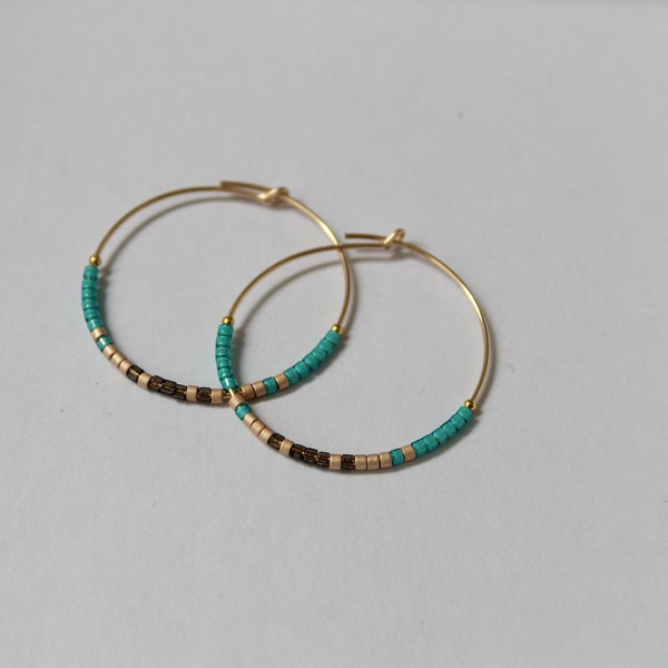 HANAMI | Hoop earrings made of 14K gold filled with Miyuki Delica beads | 30mm | blue | gold | brown | BOHO | Bohemian