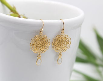 FIORE DI LUNA | 14k gold filled Ohrringe mit 925 Silber 24K vergoldeter Mondblume | Lasercut | Fleur | Mandala | Mondstein | Boho | Fleur