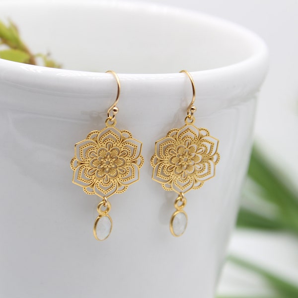 FIORE DI LUNA | 14k gold filled Ohrringe mit 925 Silber 24K vergoldeter Mondblume | Lasercut | Fleur | Mandala | Mondstein | Boho | Fleur