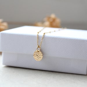 MALEA | 14k gold filled chain with small hammered medal | Disc | 10 mm | Initial | Letter | personalized | dot | Pendant