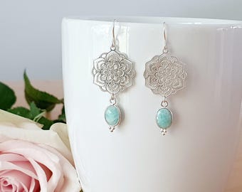 FIORE AMAZONITE SOLID | 925 Sterling Silver Earrings with Floral Ornament and Amazonite | Laser Cut | Fleur | Mandala | Karma | Boho