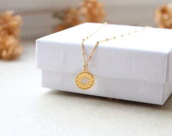 SUNSHINE | 14k gold filled Satellitenkette mit Sonne aus 925 Silber 24k vergoldet | Amulett |  Medaillon | Circle | Relief | SONNE | Wave