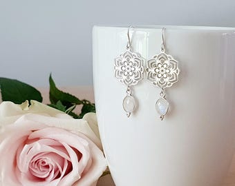 FIORE SOLID MOONSTONE | 925 Sterling Silver Earrings with Floral Ornament and Moonstone | Laser Cut | Fleur | Mandala | Karma | Boho