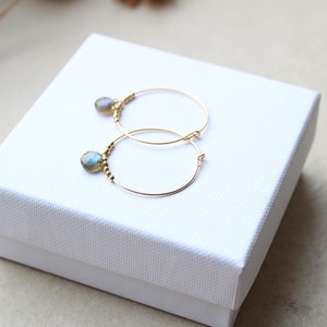May include: A pair of gold hoop earrings with a small, iridescent blue gemstone dangling from each hoop.