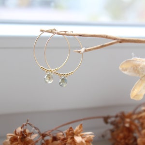 May include: Gold hoop earrings with small, clear green gemstone drops hanging from them. The earrings are displayed on a branch.