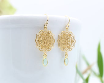 FIORE D ACQUA | 14k gold-filled earrings with 925 sterling silver, 24k gold-plated flower | Laser-cut | Fleur | Mandala | Aqua Chalcedony | Boho | Fleur