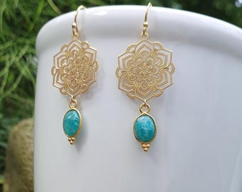 FIORE AMAZONITE GOLD | 14k gold filled earrings with 925 sterling silver, 24k gold-plated moonflower | Laser cut | Fleur | Mandala | Amazonite | Boho