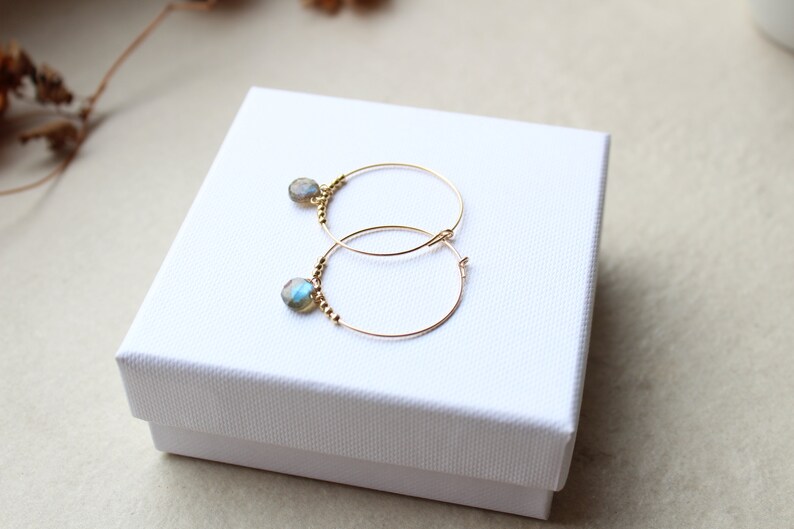 May include: Gold hoop earrings with a small iridescent blue gemstone dangling from each hoop.