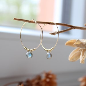 May include: Gold hoop earrings with a small, iridescent blue gemstone dangling from each hoop.