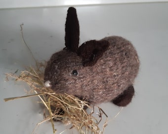 May include: A brown knitted rabbit toy with brown ears, sitting in a pile of straw.