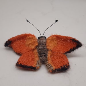 May include: A hand-knitted orange and brown butterfly with black antennae. The butterfly is made with a fuzzy yarn and has a realistic appearance.