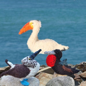 Puede incluir: Tres figuritas de pájaros de punto: un pelícano blanco, un piquero de patas azules y un piquero de garganta roja. Las figuritas están sentadas en rocas cerca de un cuerpo de agua.