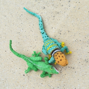 Può includere: Due lucertole di lana, una verde e una blu e gialla con macchie marroni, su uno sfondo beige chiaro.