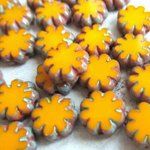 Op de afbeelding: Close-up van verschillende oranje bloemvormige kralen. De kralen hebben een glanzende afwerking met een heldergele kern en een geschulpte rand. De randen zijn een mix van roze en grijs.