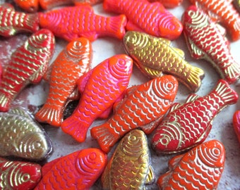 4 exclusive Böhmische Glasperlen Fische 25 x 12 mm Farbmix Goldfisch orange rot goldfarben Kupfer Metallic Pink Sea Life Glasfische