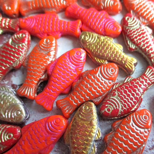 4 exclusive Böhmische Glasperlen Fische 25 x 12 mm Farbmix Goldfisch orange rot goldfarben Kupfer Metallic Pink Sea Life Glasfische