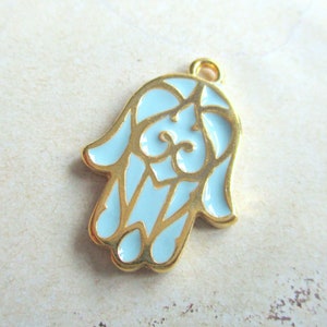 1 pendant Hamsa Hand 19.5 x 13 mm gold-plated aqua blue enamelled charm pendant Hand of Fatima enamel pendant Boho charm bracelet