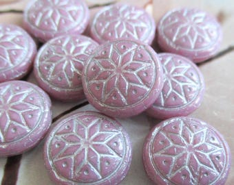 4 Bohemian glass beads, lentil coin with star, 13 mm, pink opaque silver lined, original Czech beads, festival, ethnic, boho, star ornament, double-sided