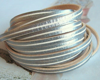 20 cm Lederband 5 mm flach antik silberfarben metallic Echtleder Metallicleder für Wickelarmband Lederschmuck Lederarmband Boho Style