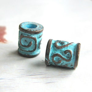 2 metalen kralen koper met groen patina 10 x 8 mm groen patina Mykonos Beads Pattern Bead Ethno Ethnostyle Boho Festival groot gat kraal