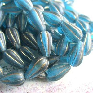 6 Bohemian Melon Drops 13 x 8 mm grooved petrol blue transparent matt gold-colored finish original czech beads glass drops