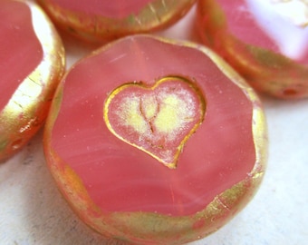 1 exclusive Bohemian glass bead Heart 21 mm dark vintage rose opal subtle gold-colored finish Coin Table Cut original Czech beads