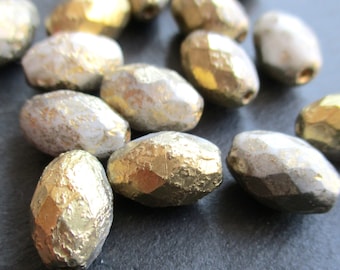 6 Bohemian glass faceted olives 12 x 8 mm off-white opaque grey gold etched finish glass faceted beads original Czech beads