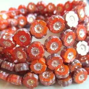 8 Bohemian glass beads Flower Hawaii 8 mm burned orange marbled light copper finish glass flowers original czech Beads Table Cut Boho Style